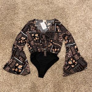 Floral Sheer Quilted Print Bell Sleeve Bodysuit